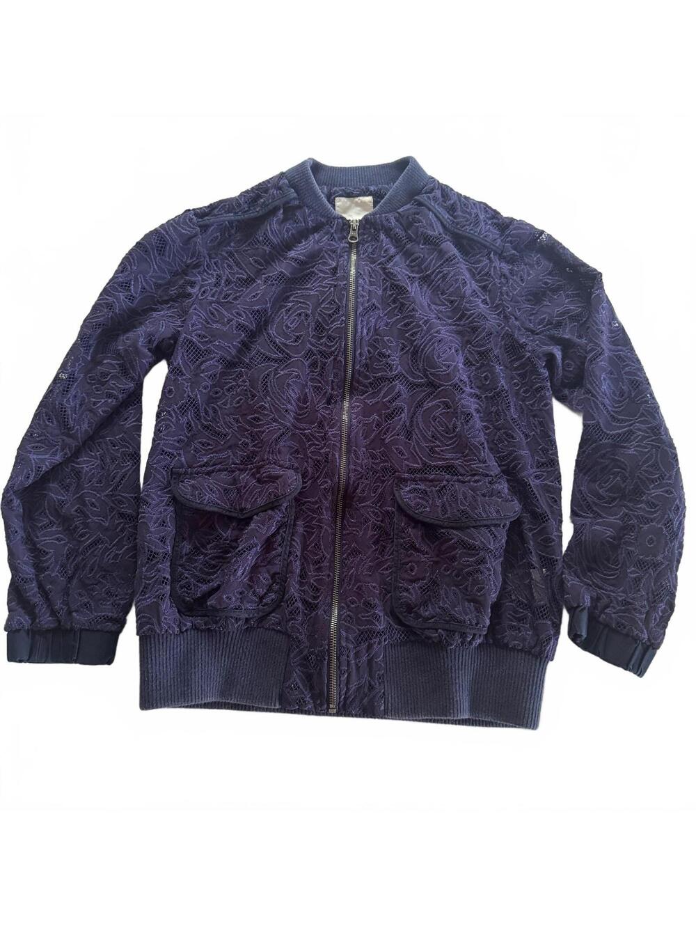 Elevenses Anthropologie Lace Bomber Jacket Womens Small Navy Blue Rose Floral S